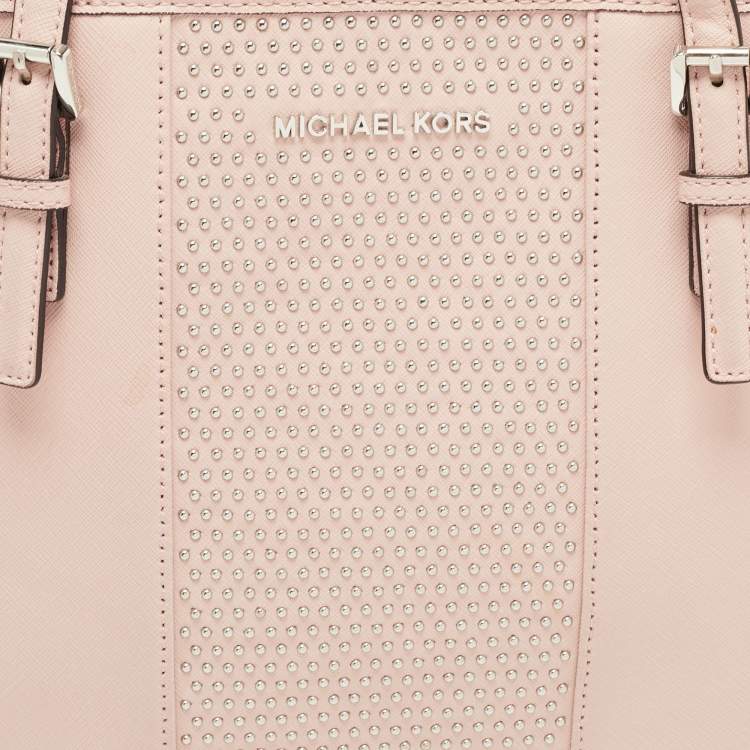 Pre Owned Michael Kors Light Pink Saffiano Leather Studded Jet Set Tote