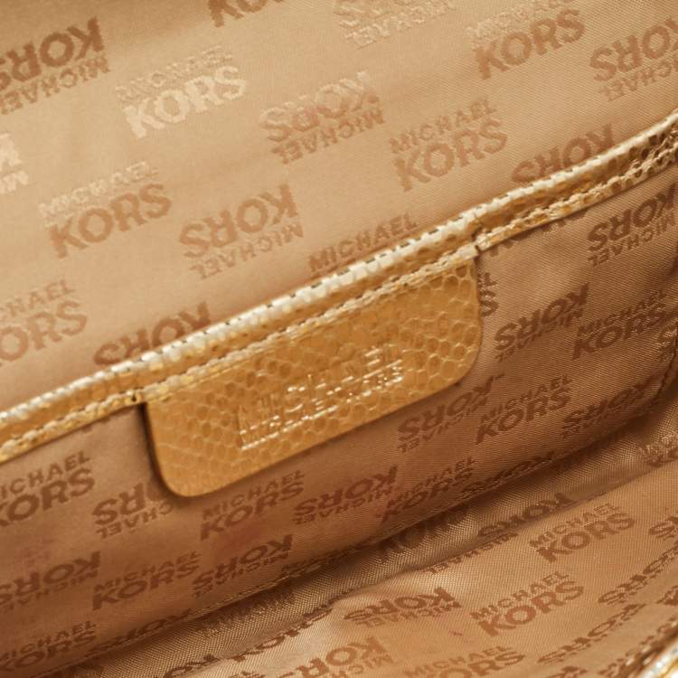 Pre Owned Michael Kors Gold Woven Laminated Leather Logo Flap Clutch