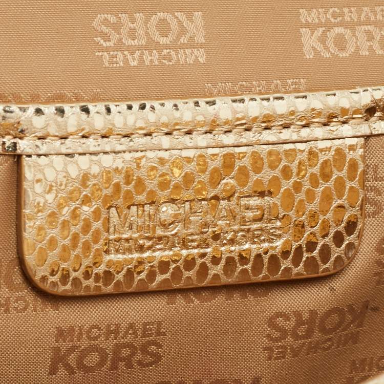 Pre Owned Michael Kors Gold Woven Laminated Leather Logo Flap Clutch