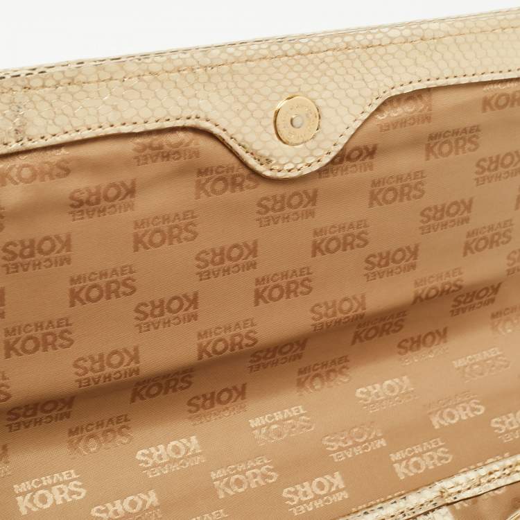 Pre Owned Michael Kors Gold Woven Laminated Leather Logo Flap Clutch