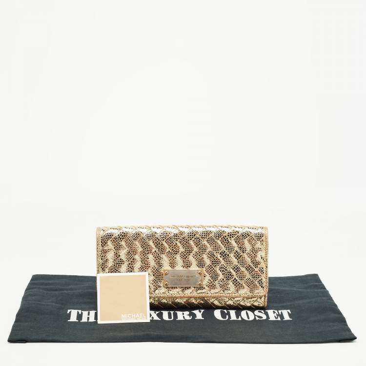 Pre Owned Michael Kors Gold Woven Laminated Leather Logo Flap Clutch