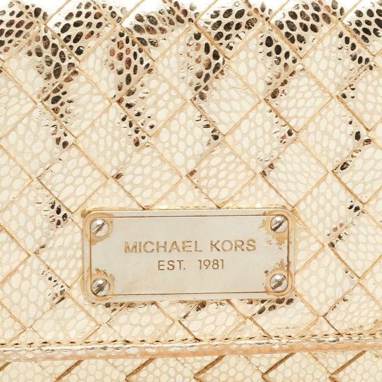 Pre Owned Michael Kors Gold Woven Laminated Leather Logo Flap Clutch