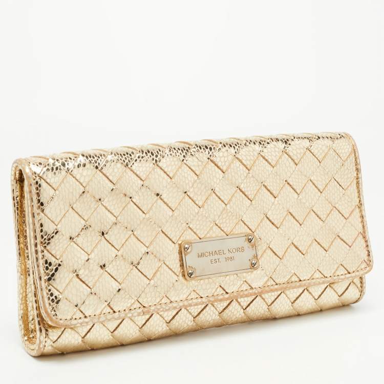 Pre Owned Michael Kors Gold Woven Laminated Leather Logo Flap Clutch