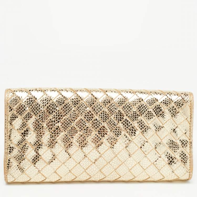 Pre Owned Michael Kors Gold Woven Laminated Leather Logo Flap Clutch