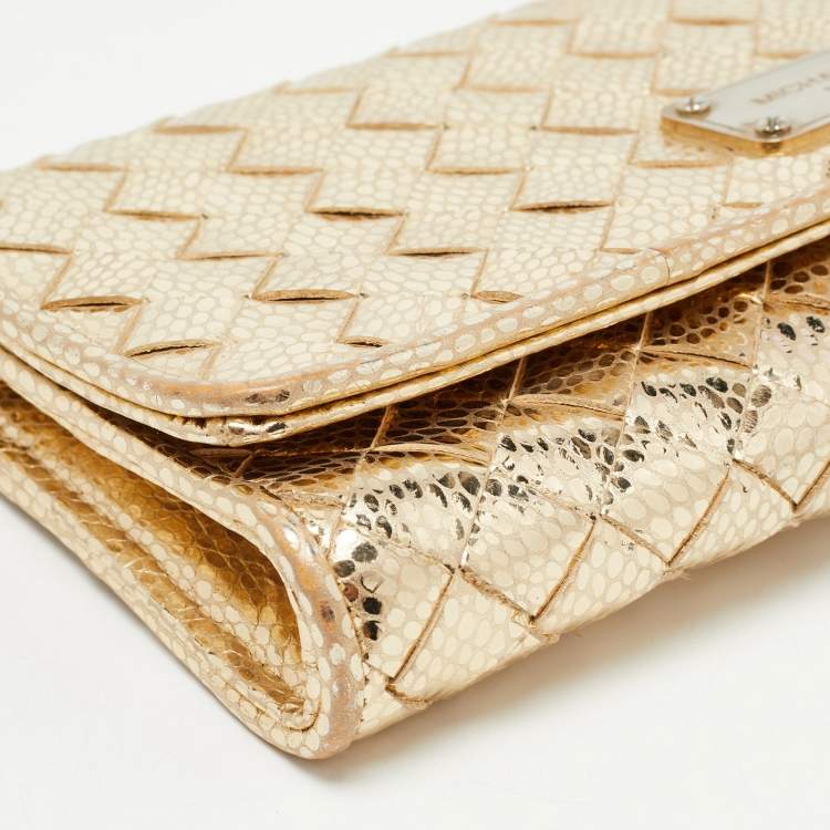 Pre Owned Michael Kors Gold Woven Laminated Leather Logo Flap Clutch
