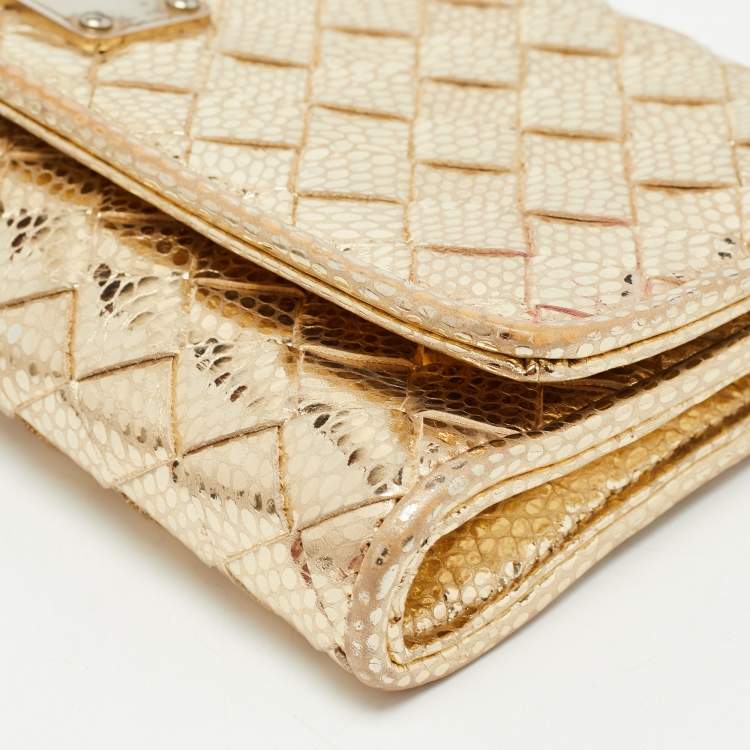 Pre Owned Michael Kors Gold Woven Laminated Leather Logo Flap Clutch
