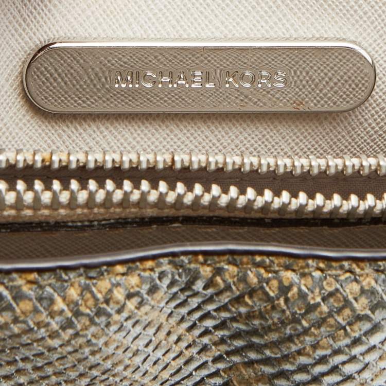 Pre Owned Michael Kors Beige/Gold Python Embossed Leather Small Mercer Tote