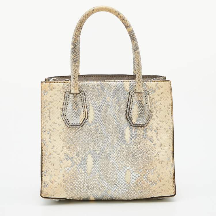 Pre Owned Michael Kors Beige/Gold Python Embossed Leather Small Mercer Tote