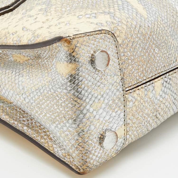 Pre Owned Michael Kors Beige/Gold Python Embossed Leather Small Mercer Tote