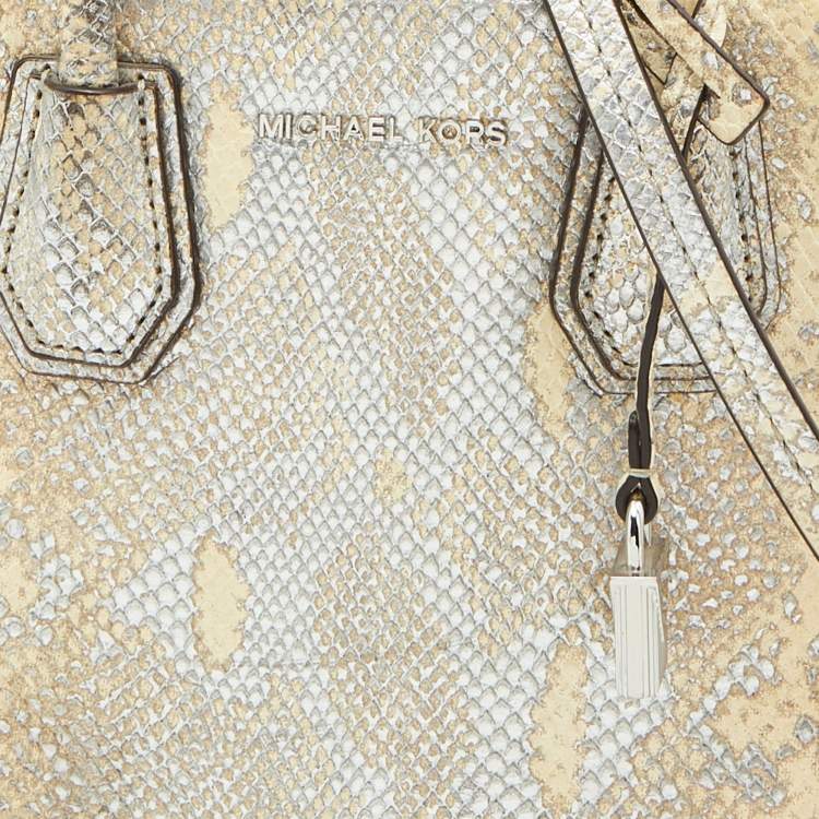 Pre Owned Michael Kors Beige/Gold Python Embossed Leather Small Mercer Tote