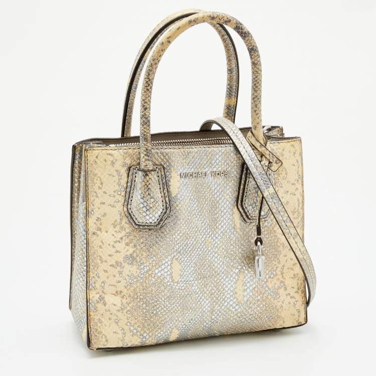Pre Owned Michael Kors Beige/Gold Python Embossed Leather Small Mercer Tote