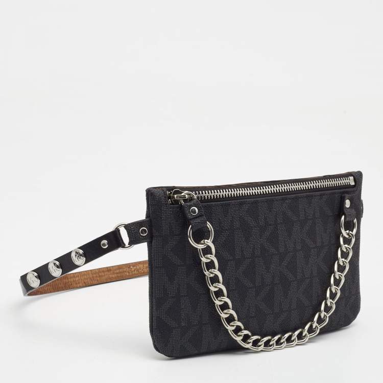 Pre Owned Michael Kors Black Signature Coated Canvas Chain Fanny Belt Bag
