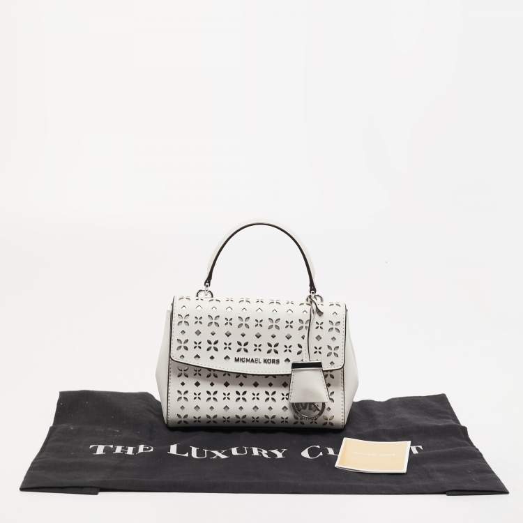Pre Owned Michael Kors White Leather XS Laser Cut Ava Top Handle Bag