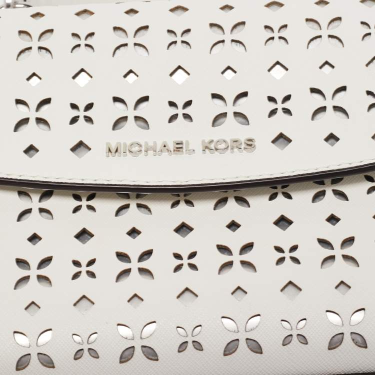 Pre Owned Michael Kors White Leather XS Laser Cut Ava Top Handle Bag