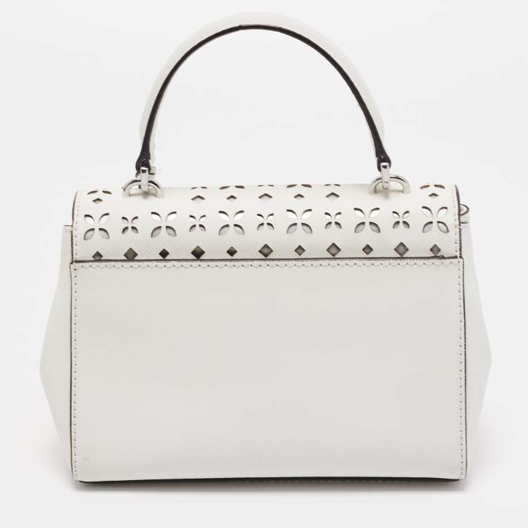 Pre Owned Michael Kors White Leather XS Laser Cut Ava Top Handle Bag