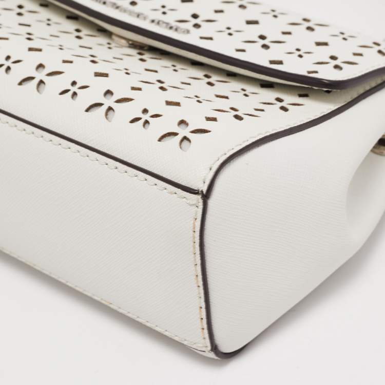 Pre Owned Michael Kors White Leather XS Laser Cut Ava Top Handle Bag