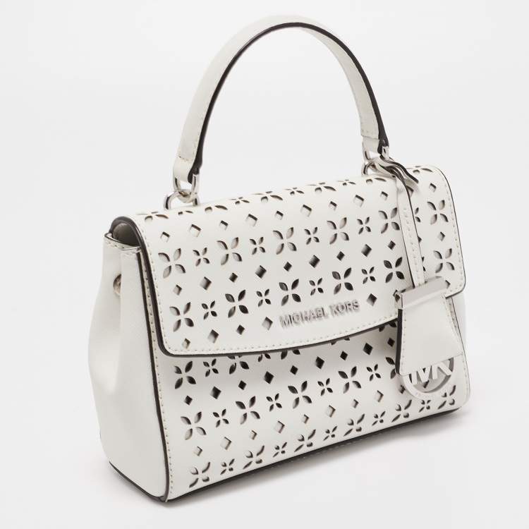Pre Owned Michael Kors White Leather XS Laser Cut Ava Top Handle Bag