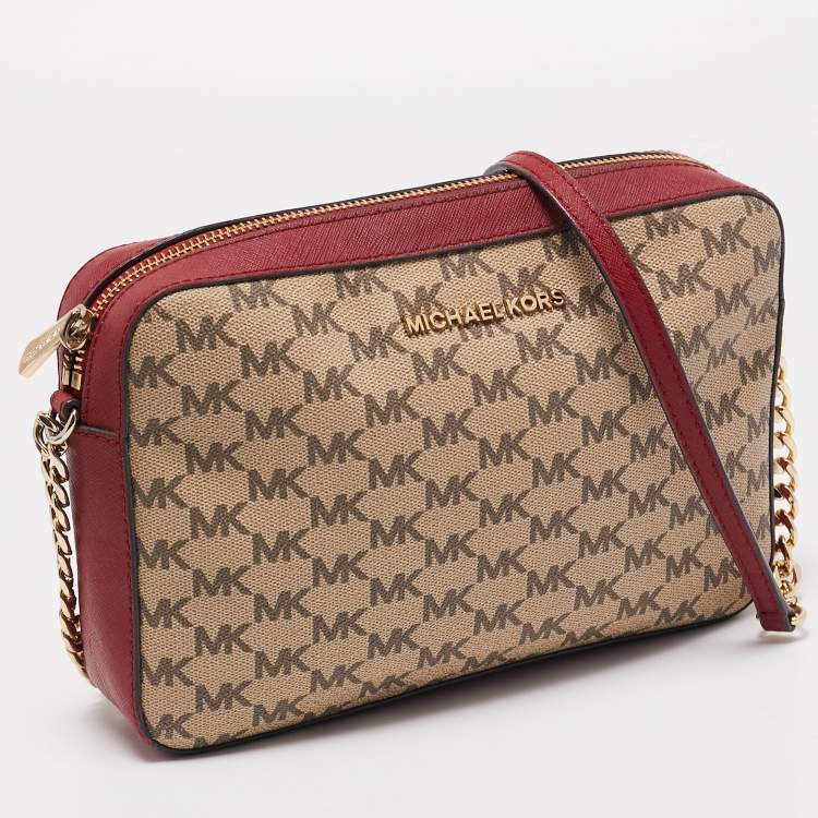 Pre Owned Michael Kors Red/Beige Signature Coated Canvas and Leather Jet Set Camera Bag