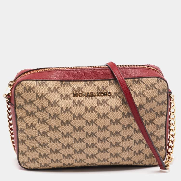 Michael Kors Red/Beige Signature Coated Canvas and Leather Jet Set