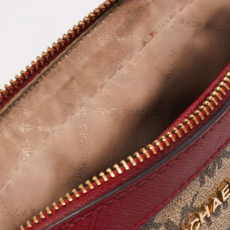 Pre Owned Michael Kors Red/Beige Signature Coated Canvas and Leather Jet Set Camera Bag