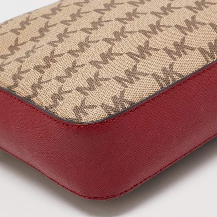 Pre Owned Michael Kors Red/Beige Signature Coated Canvas and Leather Jet Set Camera Bag