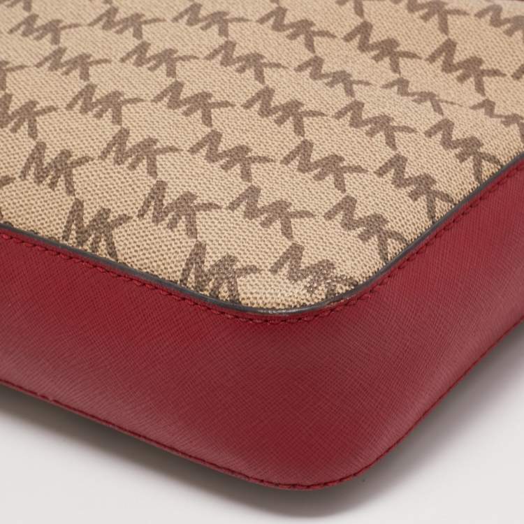 Pre Owned Michael Kors Red/Beige Signature Coated Canvas and Leather Jet Set Camera Bag