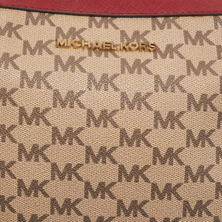 Pre Owned Michael Kors Red/Beige Signature Coated Canvas and Leather Jet Set Camera Bag