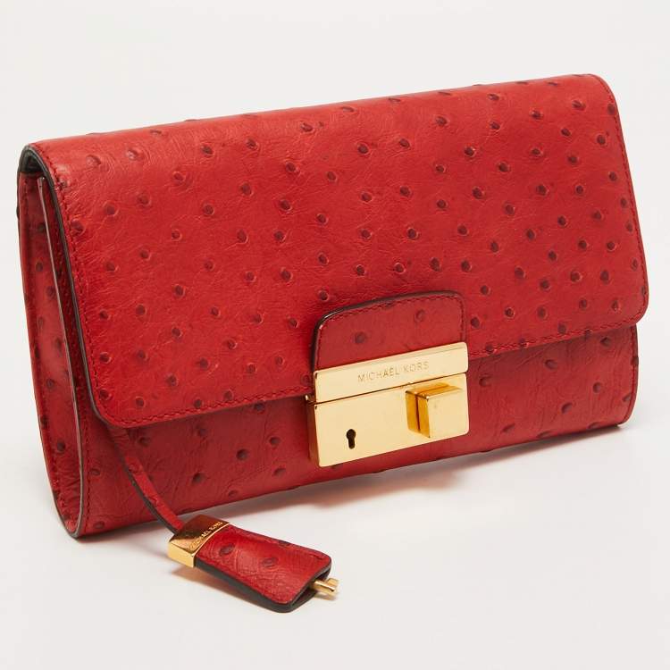 Pre Owned Michael Kors Red Ostrich Embossed Leather Gia Clutch