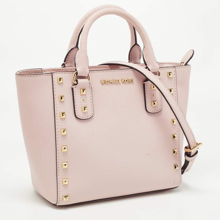 Pre Owned Michael Kors Pink Leather Sandrine Studded Tote