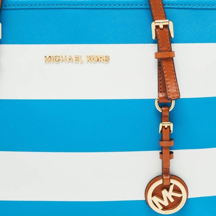 Pre Owned Michael Michael Kors Blue/White Saffiano Leather Small Stripe Travel Tote