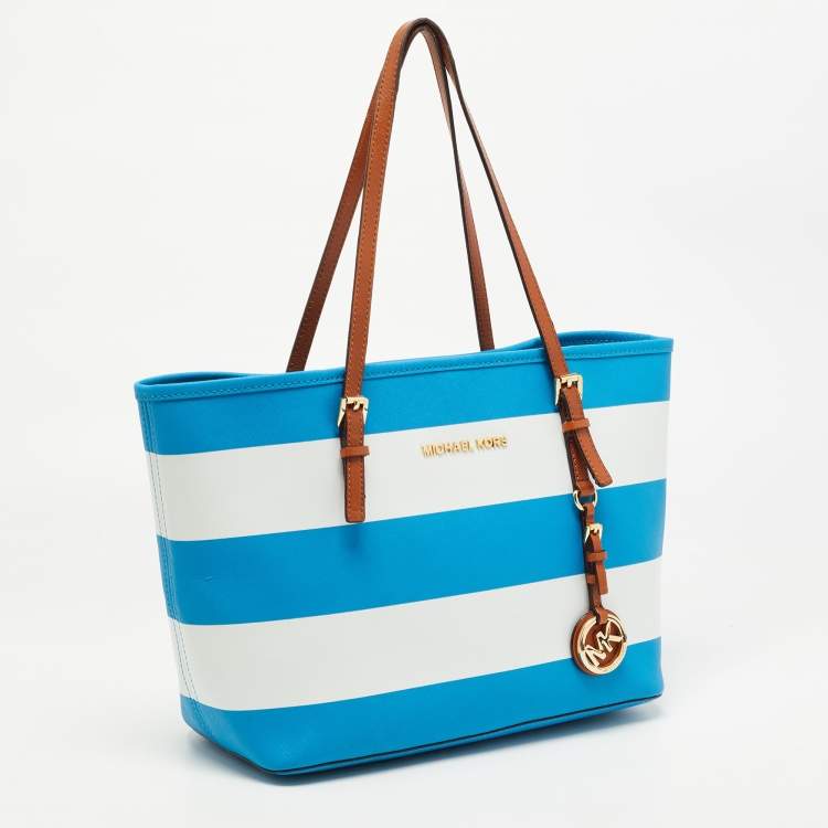 Pre Owned Michael Michael Kors Blue/White Saffiano Leather Small Stripe Travel Tote