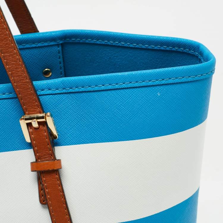 Pre Owned Michael Michael Kors Blue/White Saffiano Leather Small Stripe Travel Tote