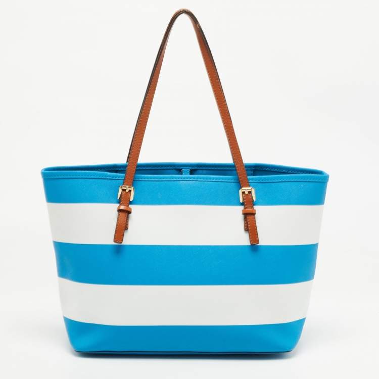 Pre Owned Michael Michael Kors Blue/White Saffiano Leather Small Stripe Travel Tote