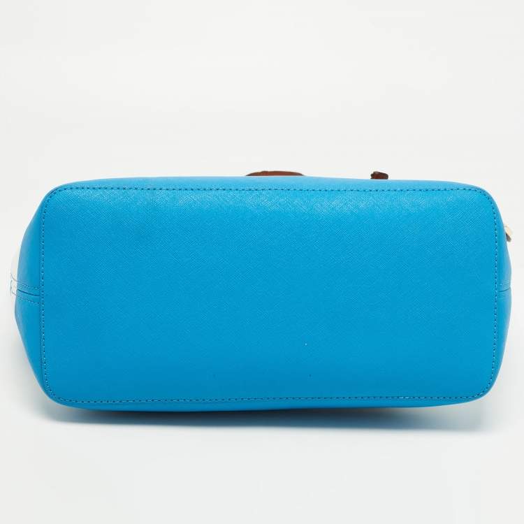 Pre Owned Michael Michael Kors Blue/White Saffiano Leather Small Stripe Travel Tote