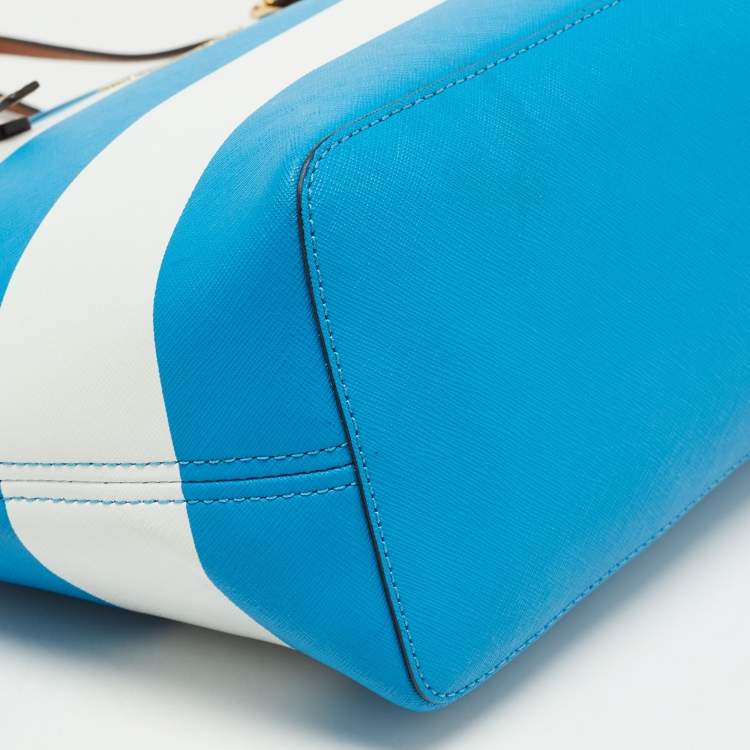 Pre Owned Michael Michael Kors Blue/White Saffiano Leather Small Stripe Travel Tote