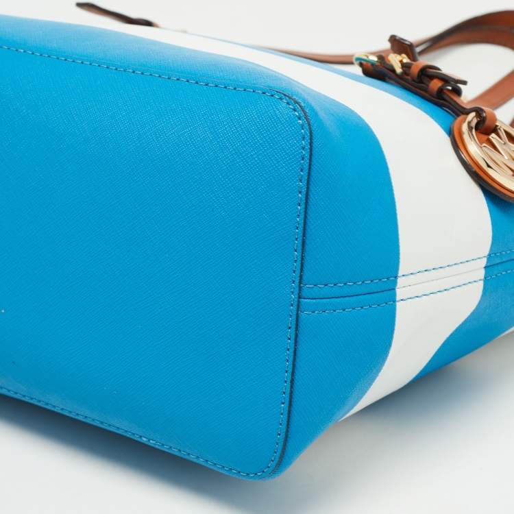 Pre Owned Michael Michael Kors Blue/White Saffiano Leather Small Stripe Travel Tote