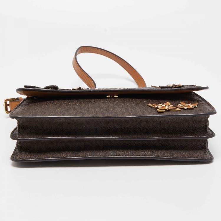 Pre Owned Michael Kors Brown Signature Coated Canvas and Leather Floral Daniela Shoulder Bag