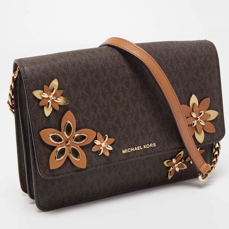 Pre Owned Michael Kors Brown Signature Coated Canvas and Leather Floral Daniela Shoulder Bag