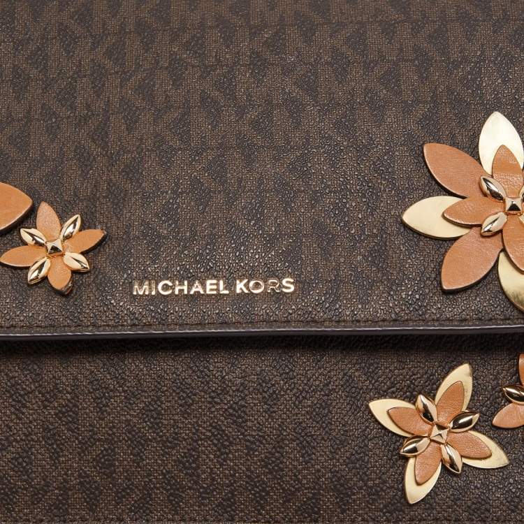 Pre Owned Michael Kors Brown Signature Coated Canvas and Leather Floral Daniela Shoulder Bag