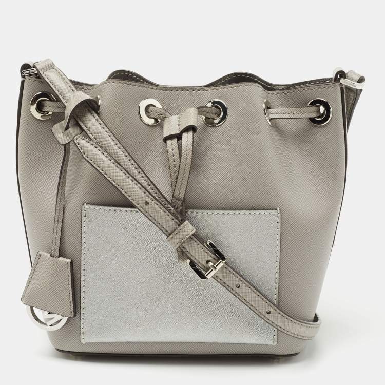 Michael Kors Grey/Silver Saffiano Leather Small Greenwich Bucket Bag Michael  Kors