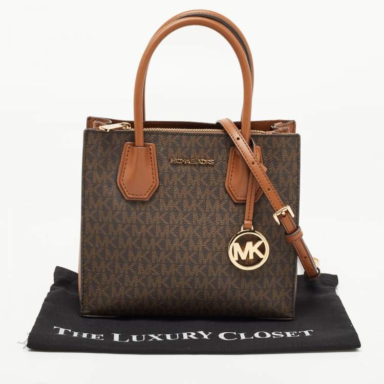 Pre Owned Michael Kors Brown Signature Coated Canvas and Leather Mini Mercer Tote