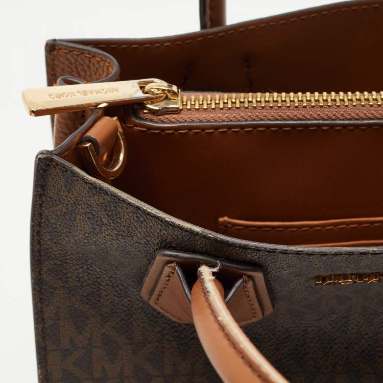 Pre Owned Michael Kors Brown Signature Coated Canvas and Leather Mini Mercer Tote