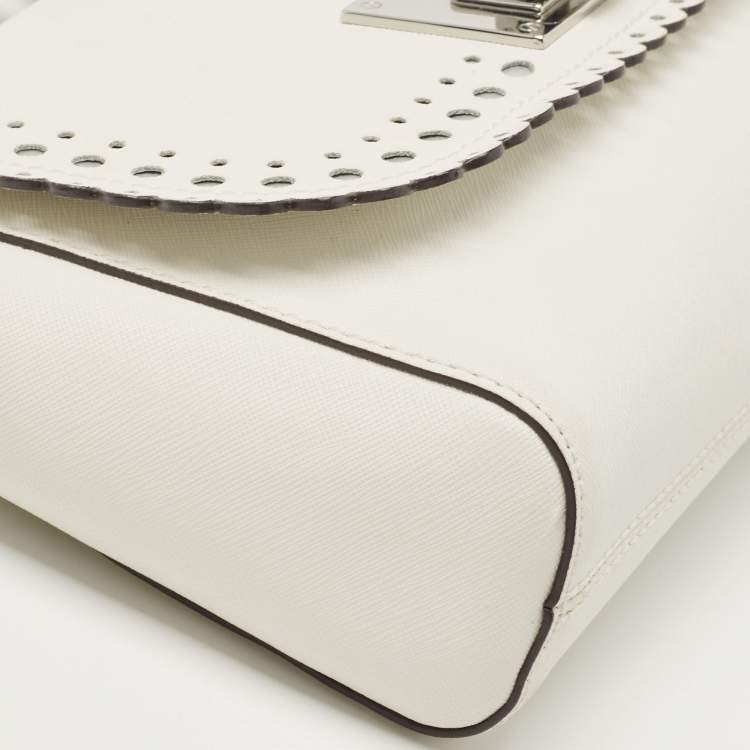 Pre Owned Michael Kors White Saffiano Leather Hannah Perforated Flap Shoulder Bag