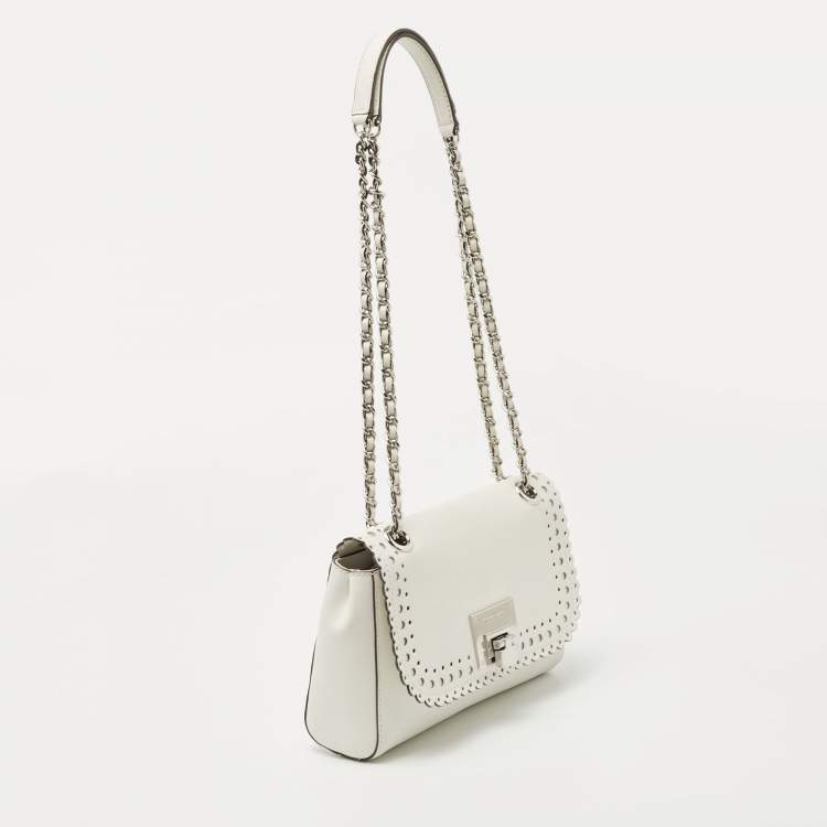 Pre Owned Michael Kors White Saffiano Leather Hannah Perforated Flap Shoulder Bag