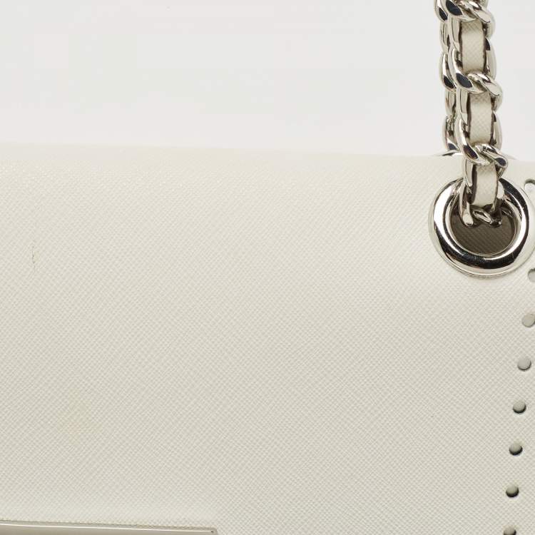 Pre Owned Michael Kors White Saffiano Leather Hannah Perforated Flap Shoulder Bag