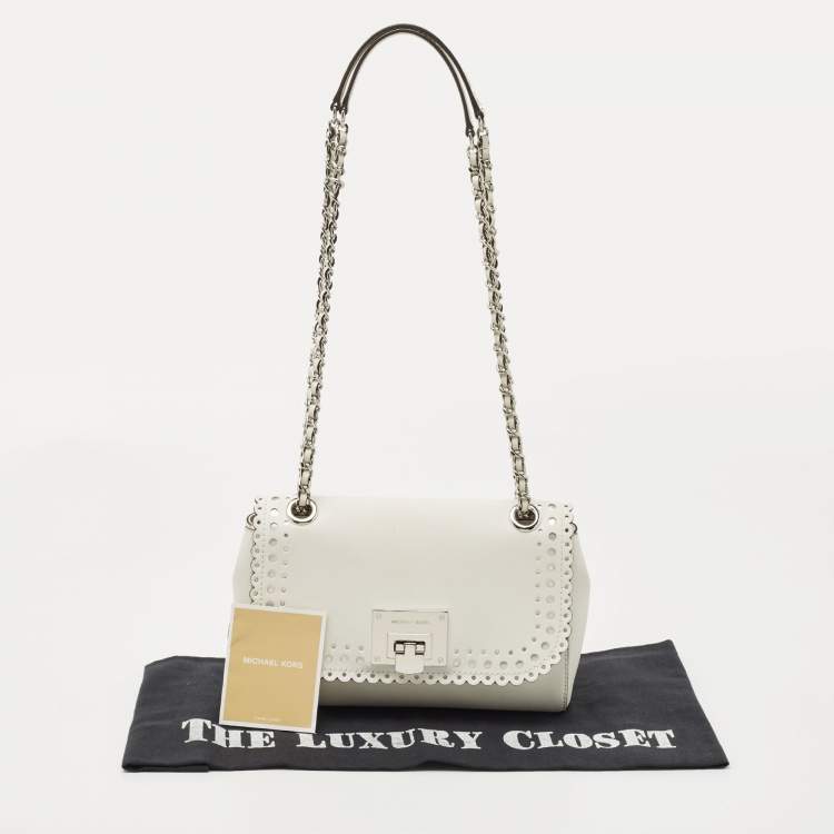 Pre Owned Michael Kors White Saffiano Leather Hannah Perforated Flap Shoulder Bag