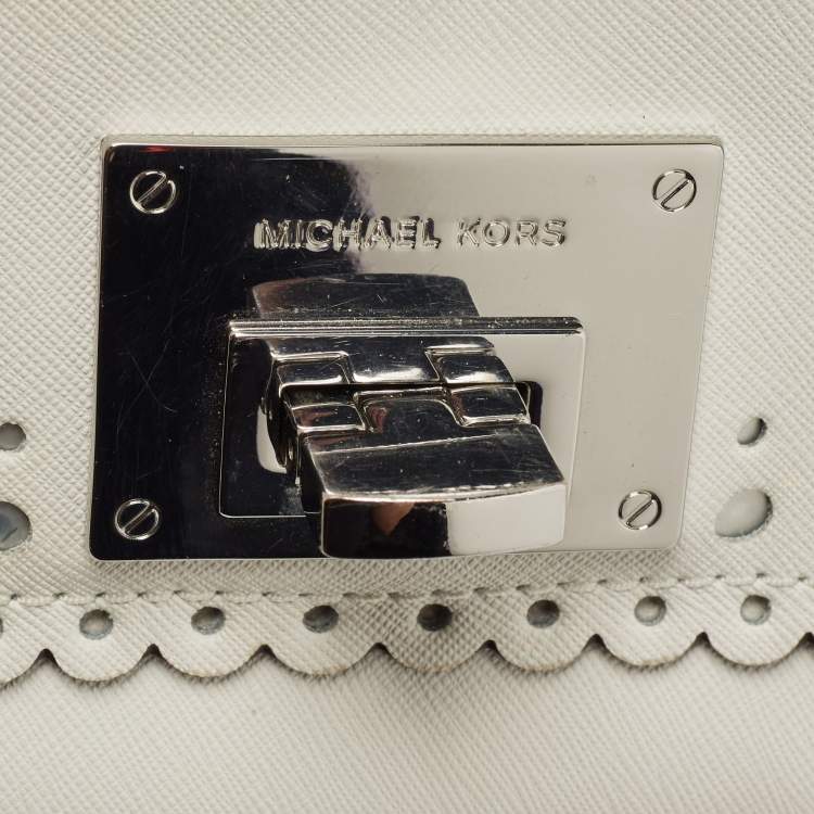 Pre Owned Michael Kors White Saffiano Leather Hannah Perforated Flap Shoulder Bag