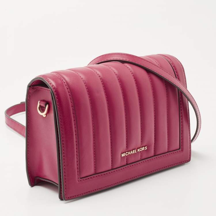 Pre Owned Michael Kors Dark Pink Striped Leather Jet Set Crossbody Bag