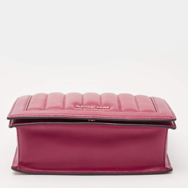 Pre Owned Michael Kors Dark Pink Striped Leather Jet Set Crossbody Bag