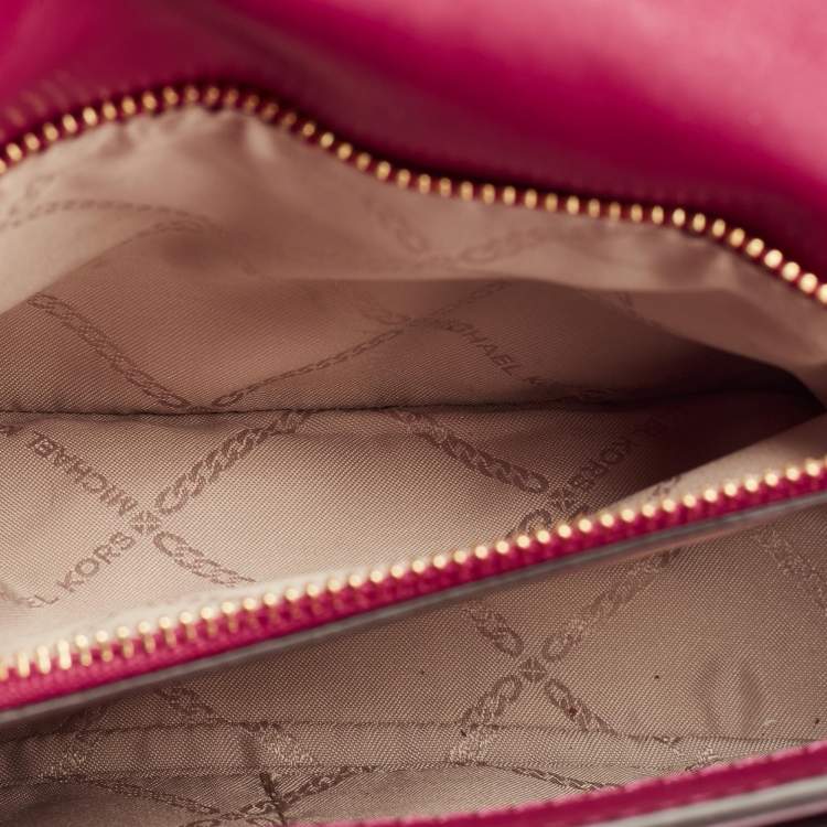 Pre Owned Michael Kors Dark Pink Striped Leather Jet Set Crossbody Bag